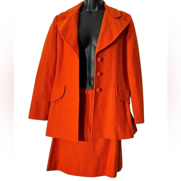 Vintage 60s Mod Orange Wool Skirt Suit Set Blazer Jacket Tailored Small - Picture 6 of 13